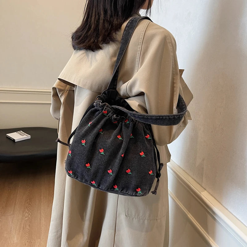 Embroidered Denim Drawstring Shoulder Tote Bag