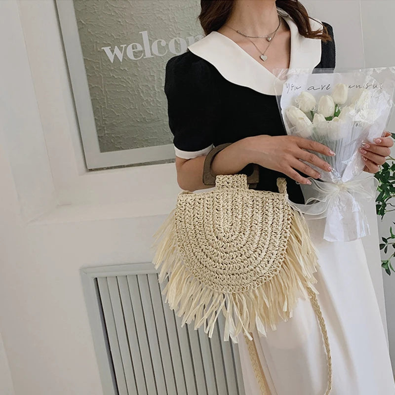 Handwoven Bohemian Straw Shopper Tote Bag