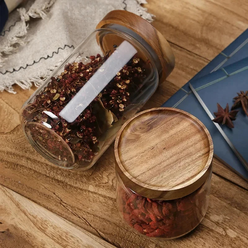 Japanese Style Glass Storage Jar with Wooden Lid