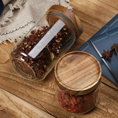 Japanese Style Glass Storage Jar with Wooden Lid