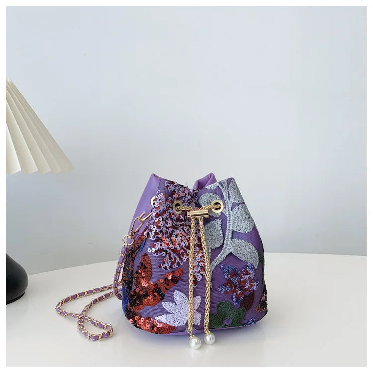Floral Embroidered Bucket Crossbody Bag