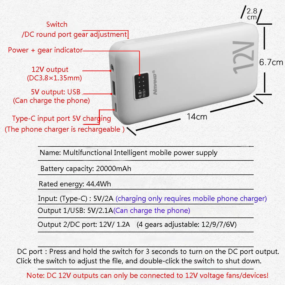 20,000mAh 12V DC Portable Power Bank