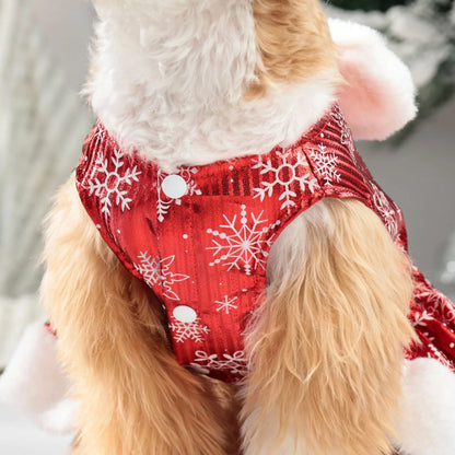 Christmas Dog Dress with Bow & Faux Fur Trim