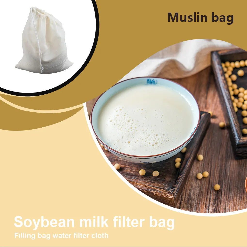 Reusable Drawstring Cotton Filter Bags for Nut Milk, Yogurt, Tea & Coffee