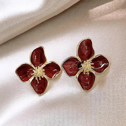 Korean Retro Red Flower Drop Earrings