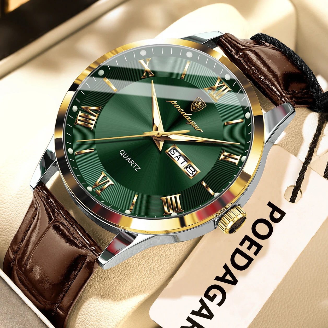 Men's Leather Quartz Watch with Date & Week Display
