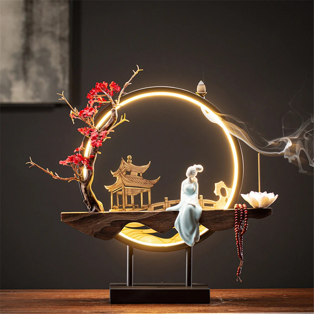 Ceramic Waterfall Incense Holder with LED Ring & Lotus Decor