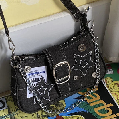 Denim Canvas Shoulder Bag with Chain Strap