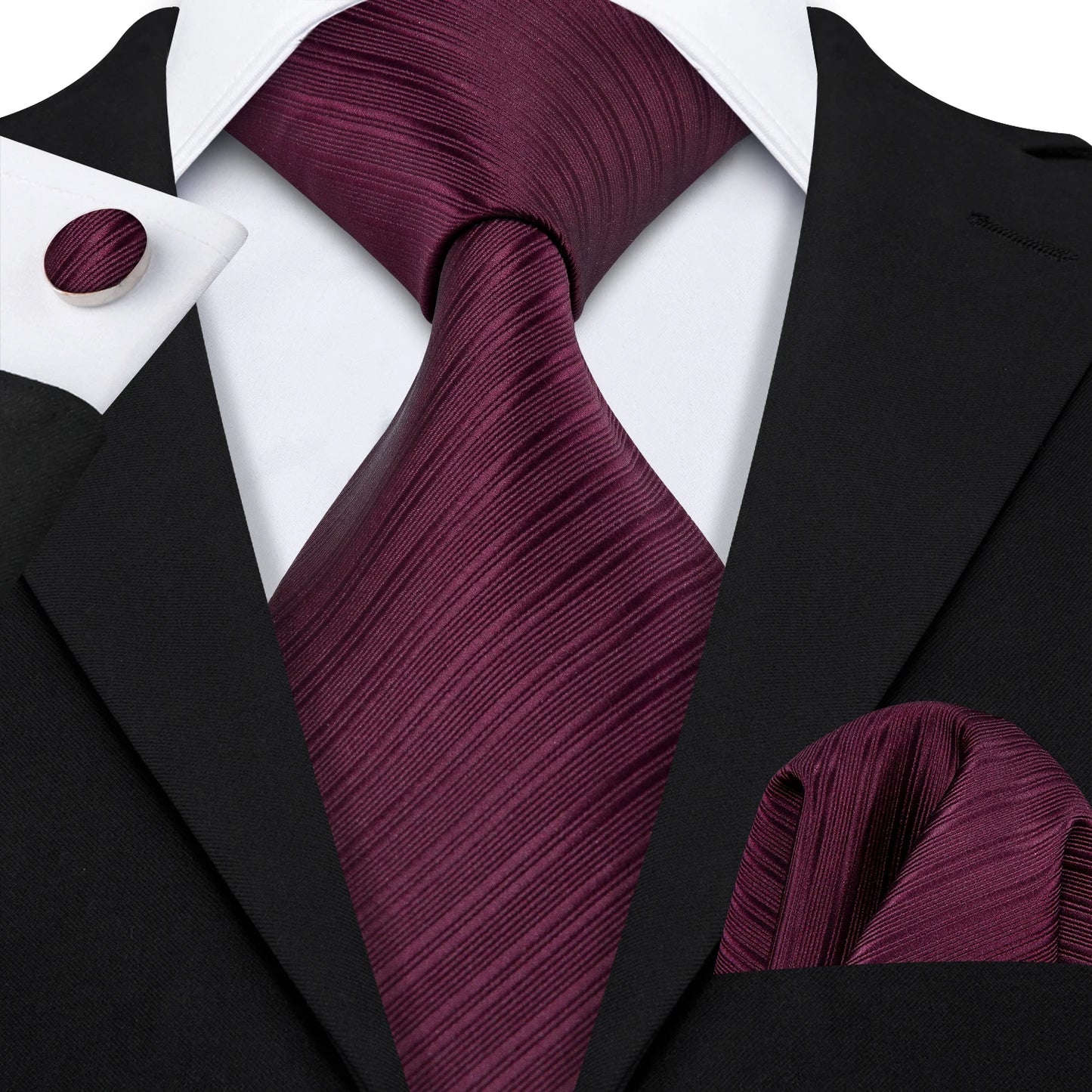 Barry Wang Jacquard Striped Silk Men's Tie Pocket Square Cufflinks Set
