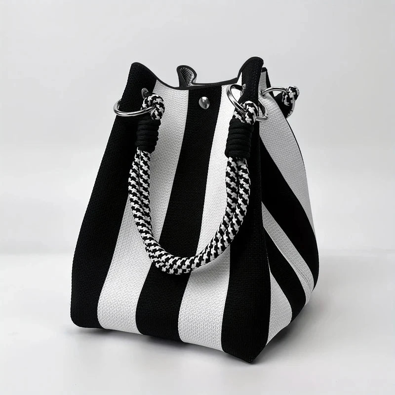 Color Block Knitted Cotton Bucket Tote Bag
