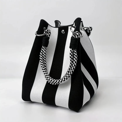 Color Block Knitted Cotton Bucket Tote Bag