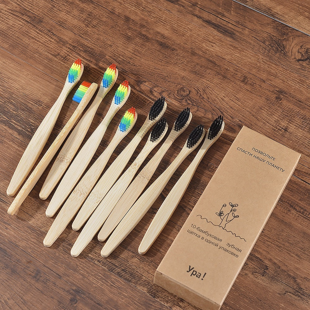 10PCS Natural Bamboo Colourful Toothbrush