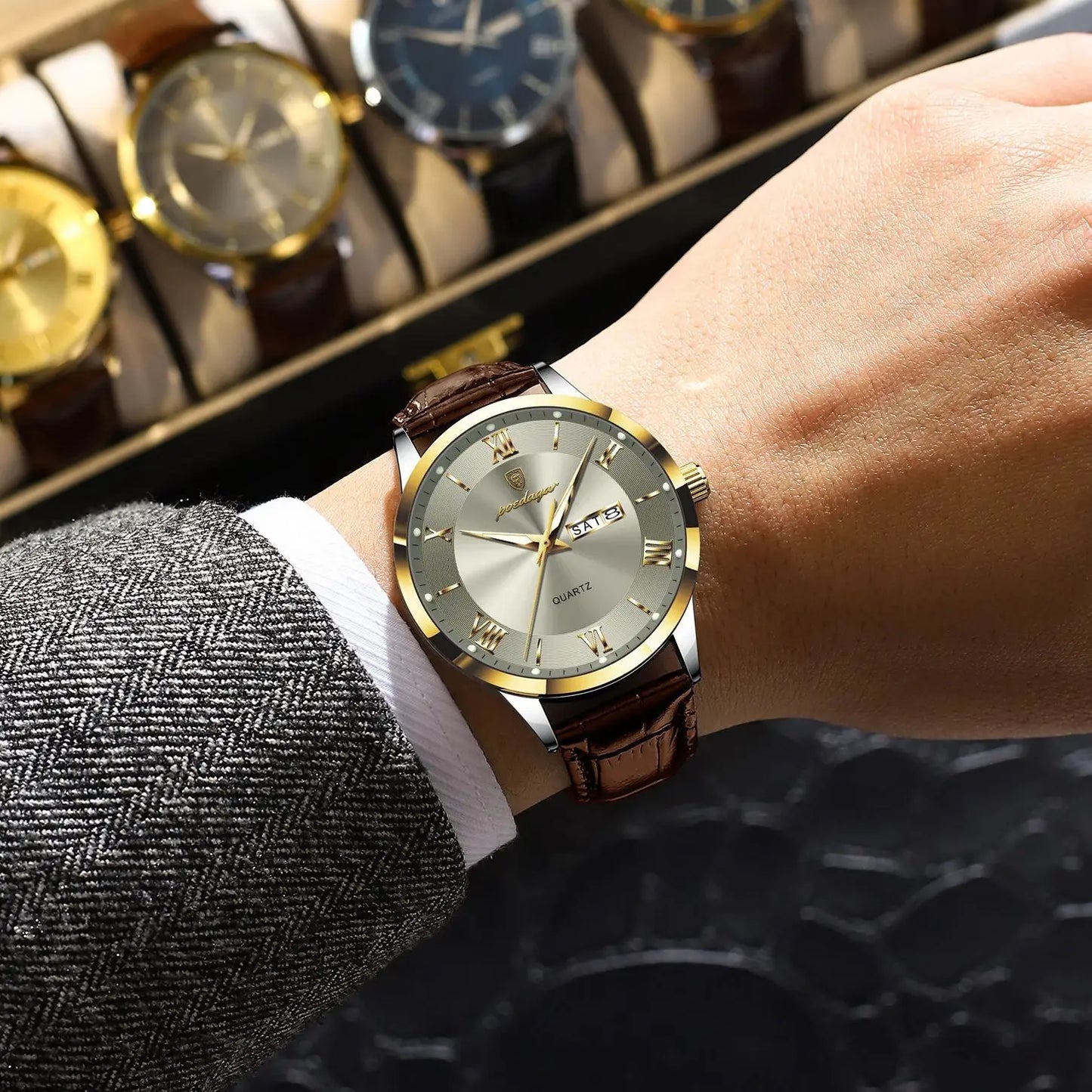 Men's Leather Quartz Watch with Date & Week Display