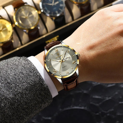 Men's Leather Quartz Watch with Date & Week Display