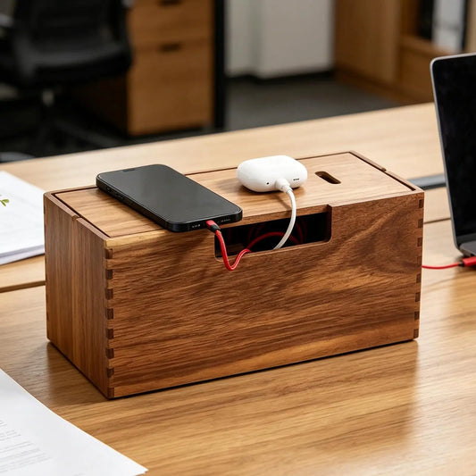 Wooden Cable Organizer Box Wire Storage Container