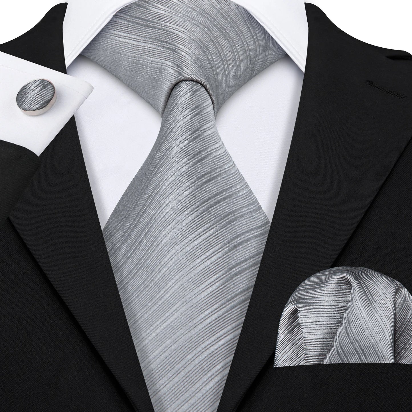 Barry Wang Jacquard Striped Silk Men's Tie Pocket Square Cufflinks Set