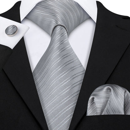 Barry Wang Jacquard Striped Silk Men's Tie Pocket Square Cufflinks Set