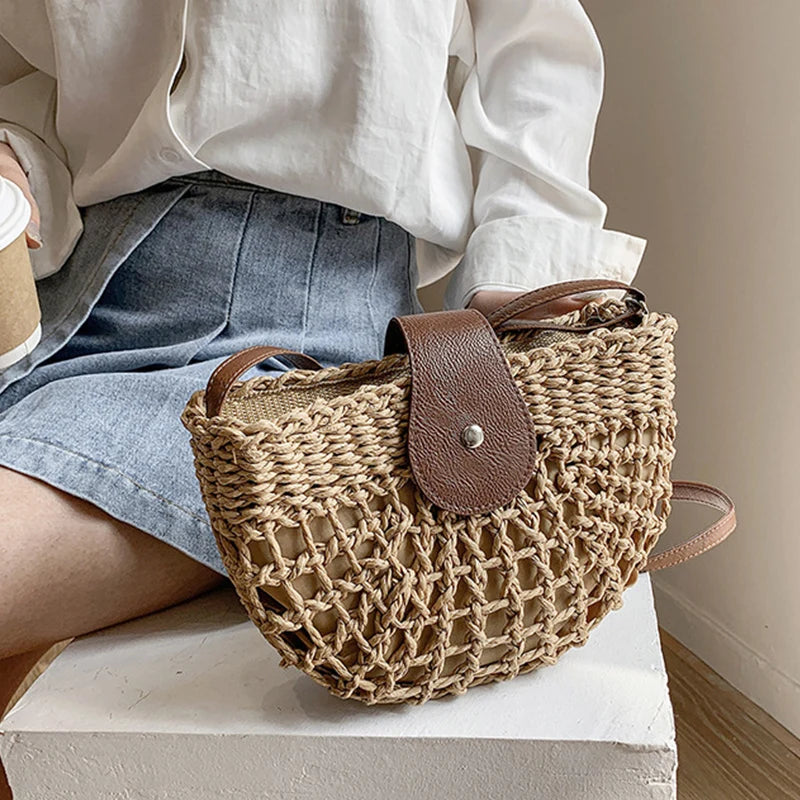 Handmade Half Moon Straw Crossbody Bag