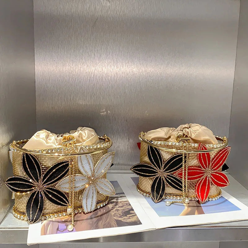 Handmade Floral Rhinestone Bucket Evening Bag