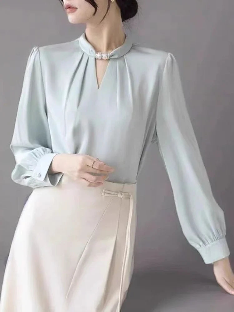 Women's Elegant Satin White Stand Collar Beaded Blouse
