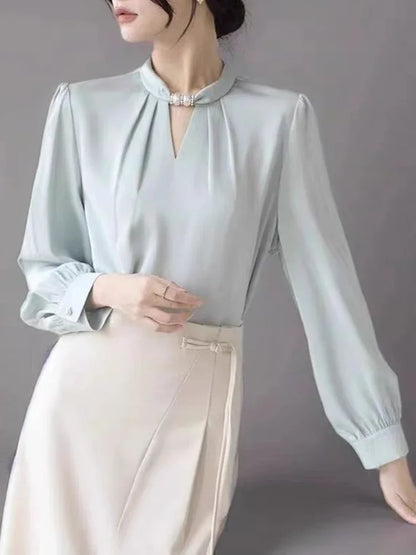Women's Elegant Satin White Stand Collar Beaded Blouse