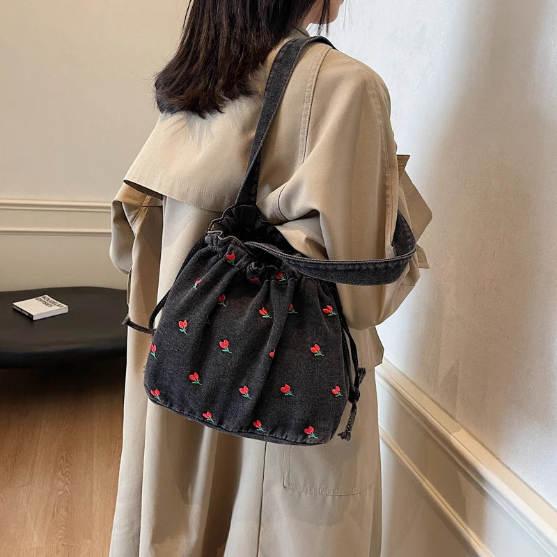 Embroidered Denim Drawstring Shoulder Tote Bag