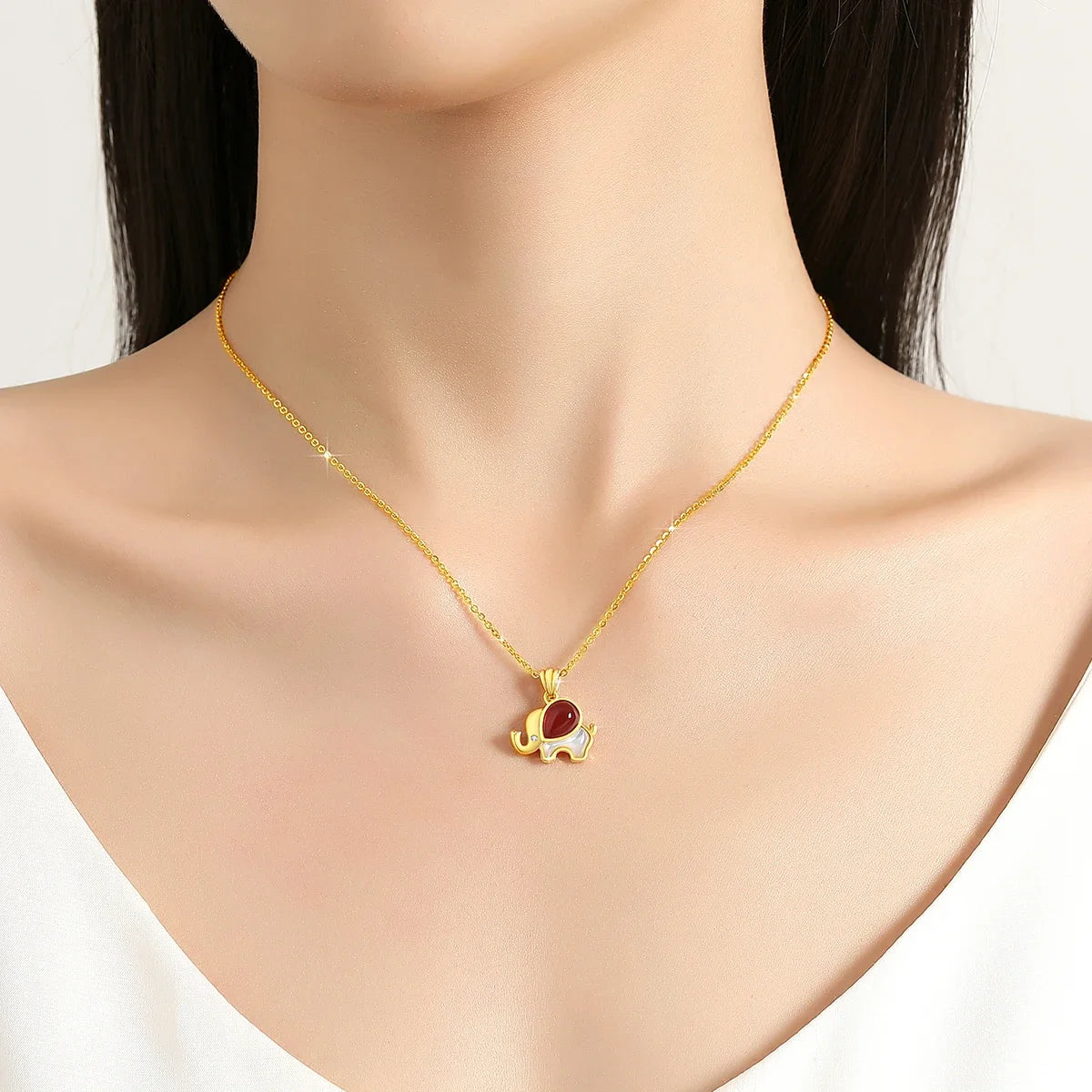 18K Gold Red Agate Elephant Pendant Necklace