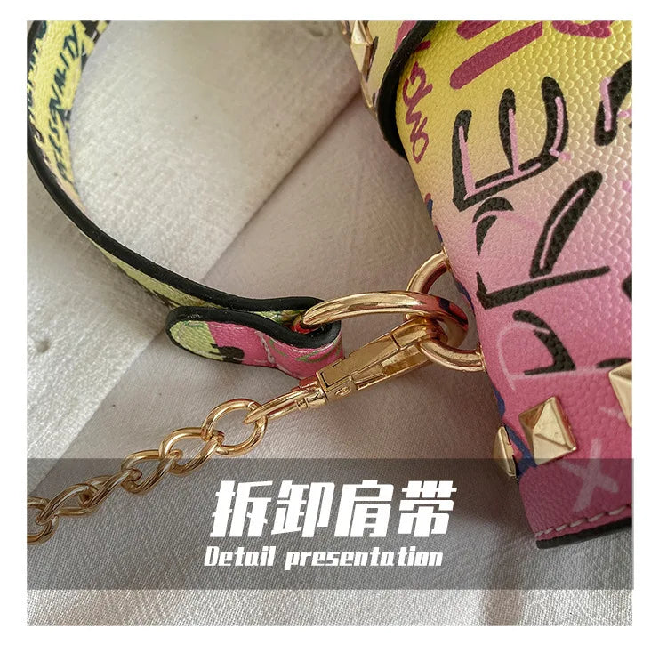 Studded Graffiti Crossbody Satchel Bag