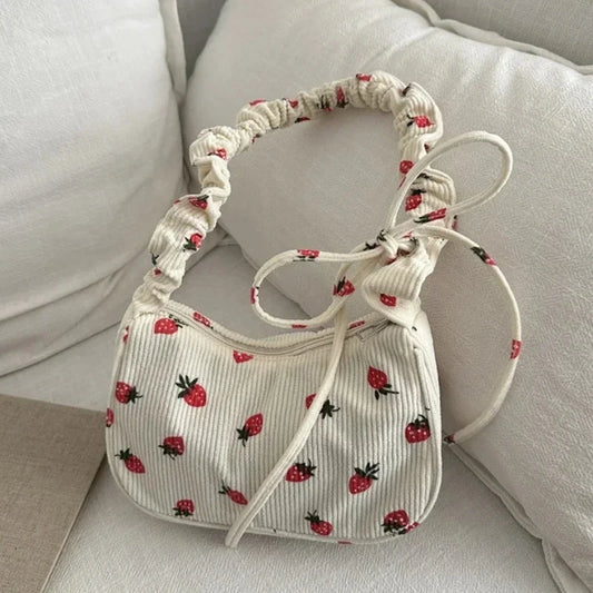 Strawberry Print Corduroy Mini Shoulder Bag