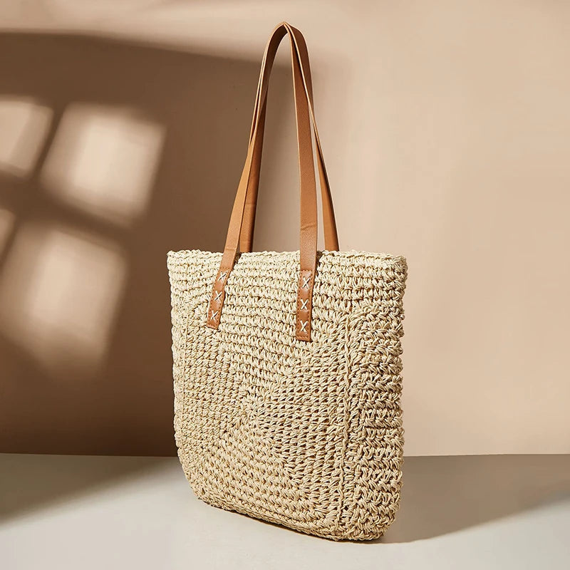 Handmade Woven Straw Beach Tote Bag