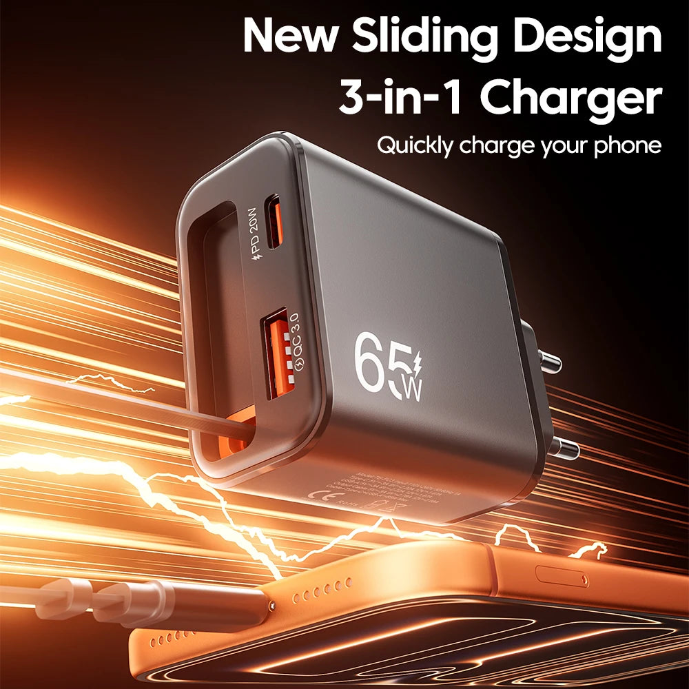 65W USB-C Fast Charger with Retractable Cable