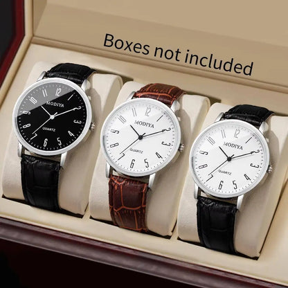 Men's Leather Strap Arabic Dial Quartz Watch Set