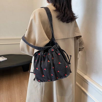 Embroidered Denim Drawstring Shoulder Tote Bag