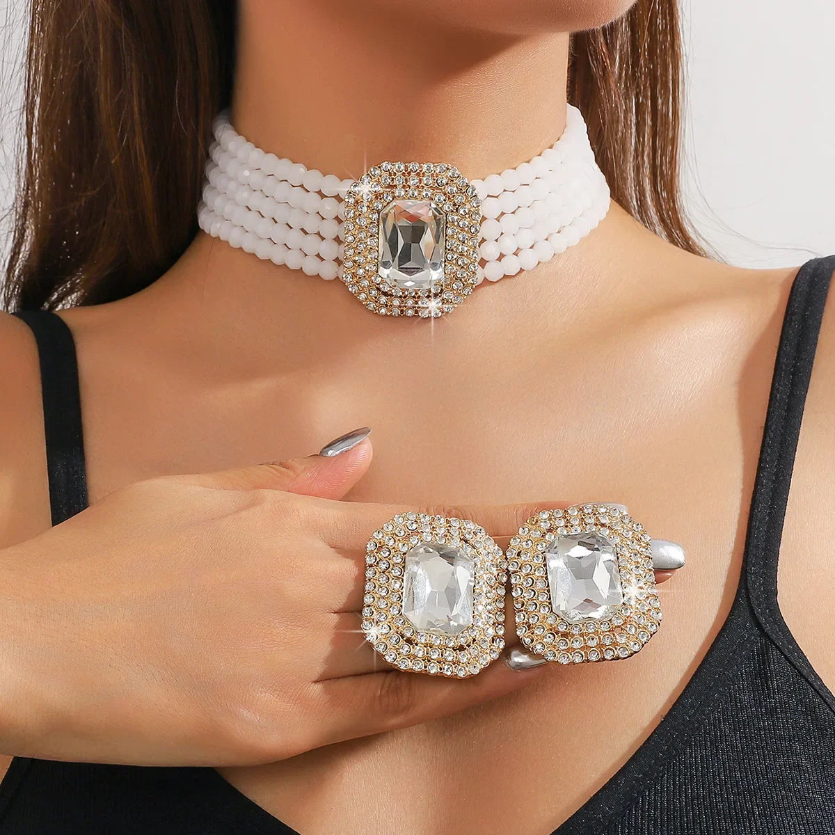 Multilayer Crystal Necklace & Geometric Earring Set