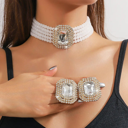 Multilayer Crystal Necklace & Geometric Earring Set
