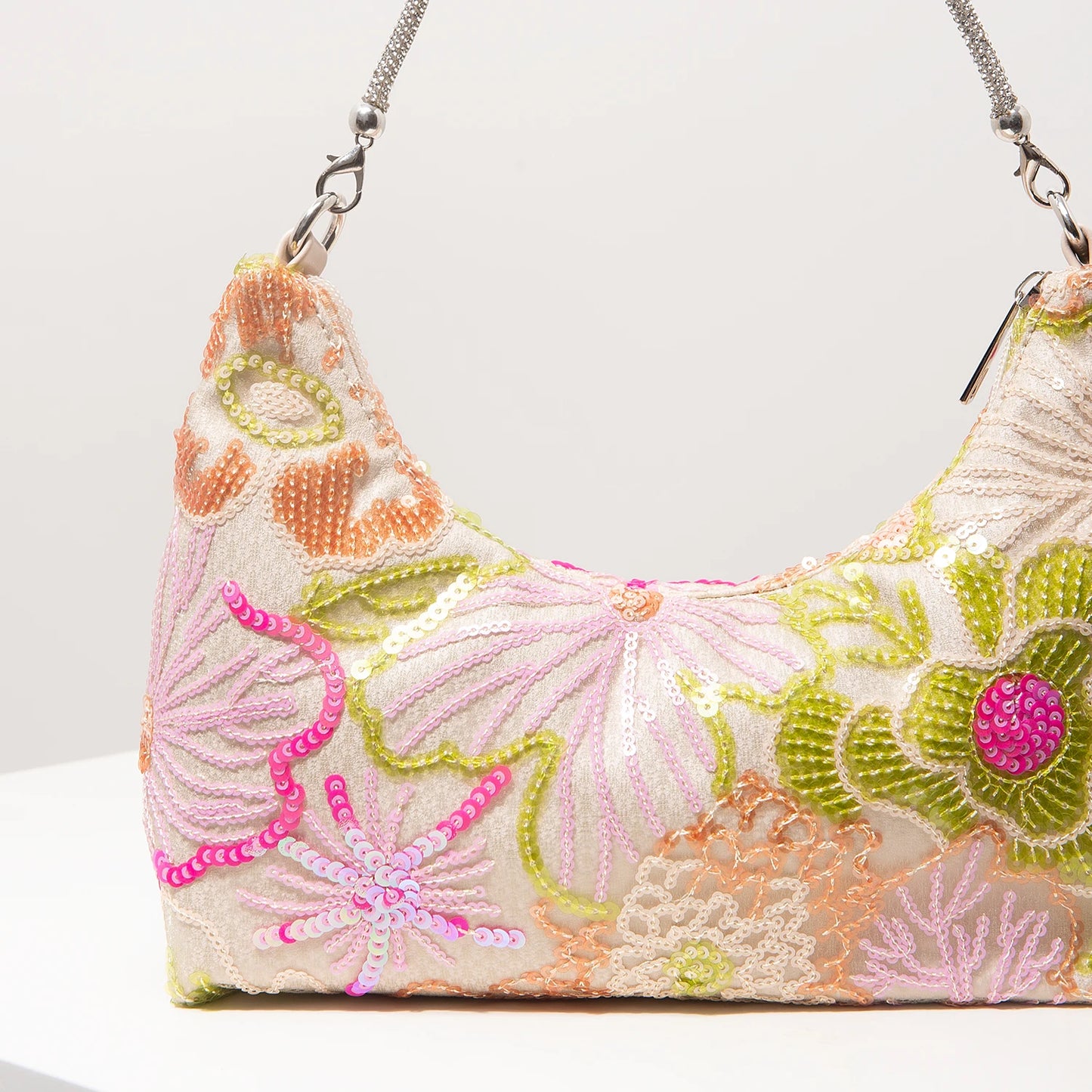 Floral Embroidered Sequin Shoulder Bag