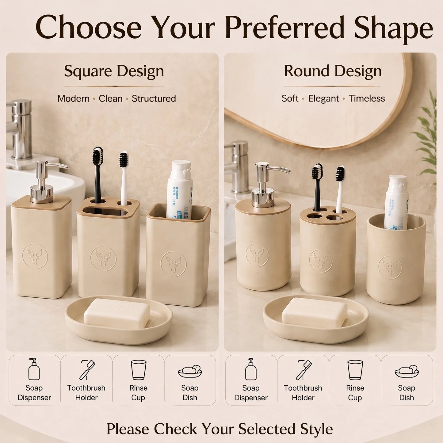Plastic Soap Dispenser, Toothbrush Holder, Tumbler & Soap Dish Set
