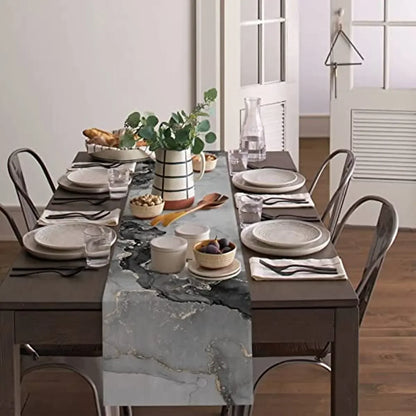 Black Grey Marble Linen Table Runner