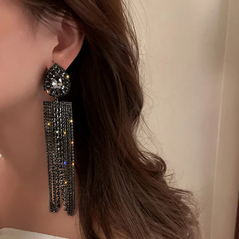 Water Drop Crystal Long Tassel Earrings