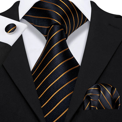 Barry Wang Jacquard Striped Silk Men's Tie Pocket Square Cufflinks Set