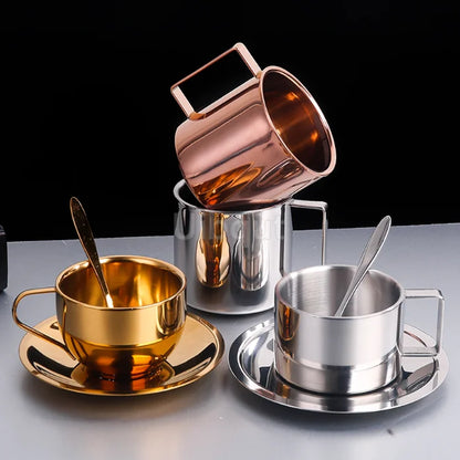 Double Wall Stainless Steel Coffee Cup Set with Spoon & Saucer