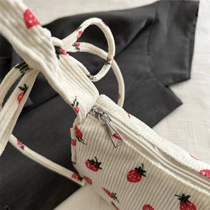Strawberry Print Corduroy Mini Shoulder Bag