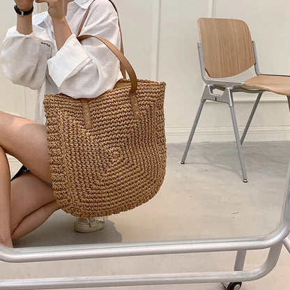 Handmade Woven Straw Beach Tote Bag