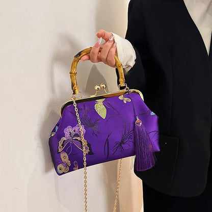 Luxury Embroidered Evening Handbag with Bamboo Handle