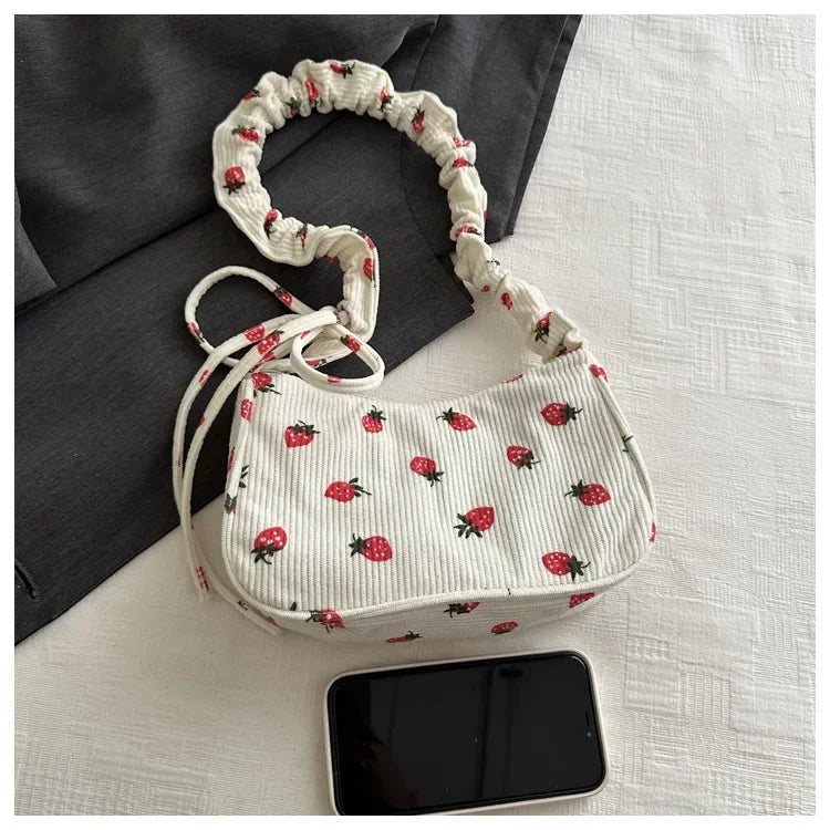 Strawberry Print Corduroy Mini Shoulder Bag