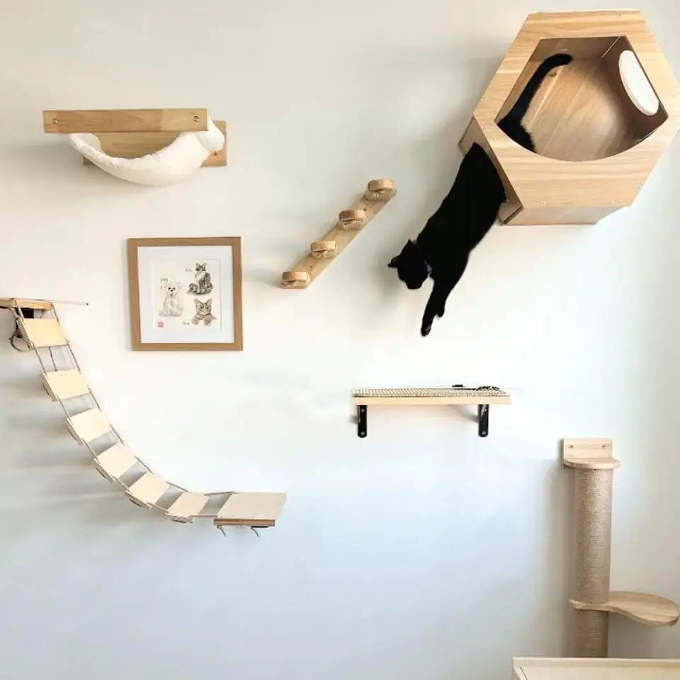Wooden Wall-Mounted Cat Climbing Shelves & Play Set