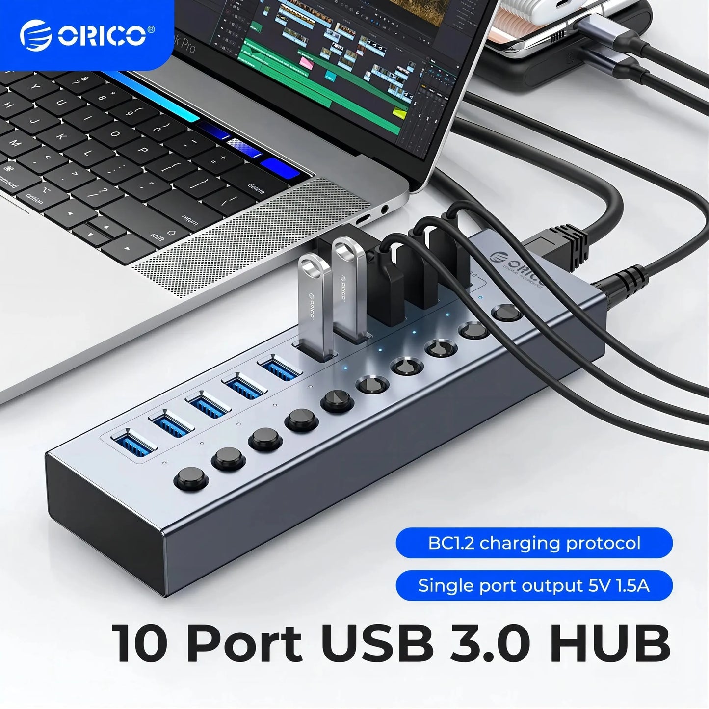 Multi-Port USB 3.0 Data Hub & Power Adapter for PC and Laptop