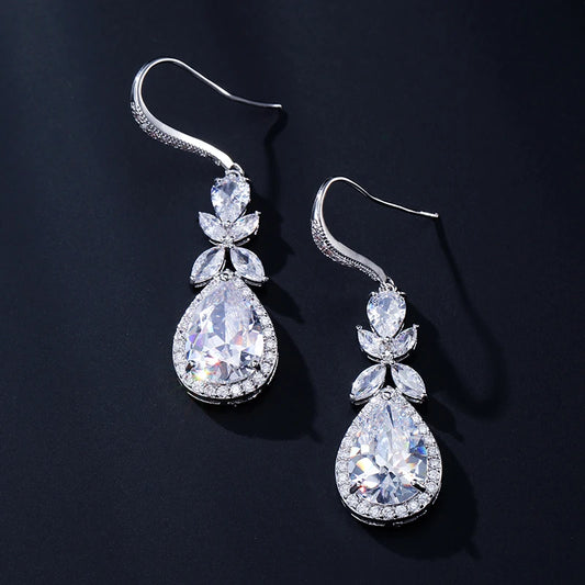 Zakol Elegant Shiny Cubic Zirconia Leaf Tassel Earrings