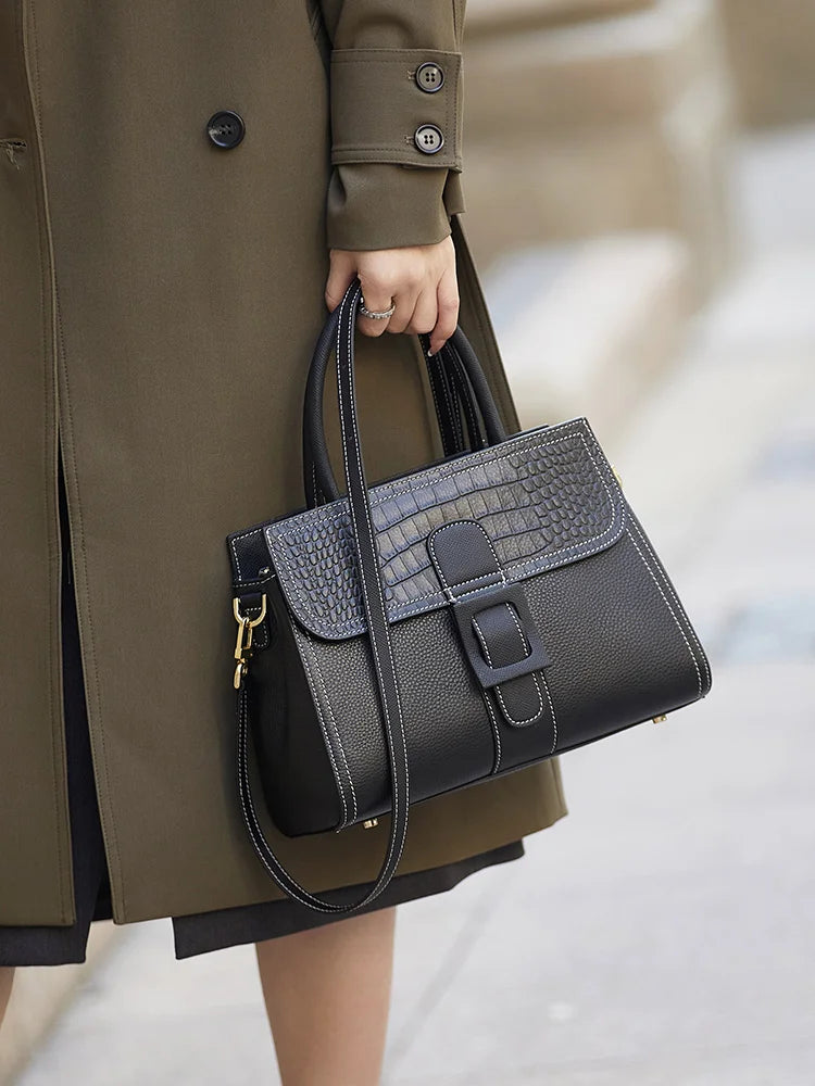 Luxury Cow Leather Doctor Style Tote Bag with Messenger Strap