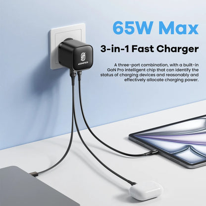 65W GaN USB Charger with Retractable Type-C Cable
